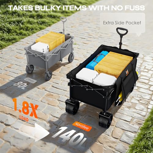 Navatiee Big Wheels Collapsible Wagon Cart Foldable, Heavy Duty Beach Wagon with Silent All-Terrain Wheels, Folding Utility Grocery Cart with Side Pocket and Brakes for Camping Garden Sports, Black