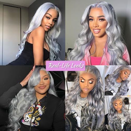 Image of Wigs 200% Grey Human Hair Wigs Body Wave 13x4 UHD Transparent Pre Plucked Pre Cut Gray Lace Front Wig Virgin Human Hair Glueless Lace Front Wigs for Women (20Inch, Grey body wave)
