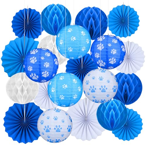 Retisee 18 Pcs Dog Paw Party Decorations Kit Puppy Themed Party Hanging Decorations Blue White Pet Paw Print Round Paper Lanterns Paper Fans Honeycomb Ball for Dog Birthday Classroom Ceiling Supplies
