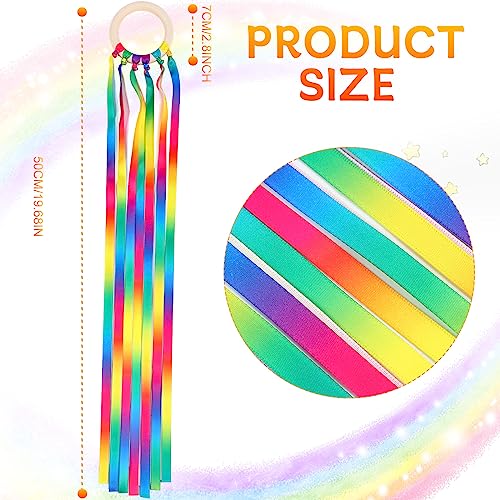 Image of Junkin Ribbon Rings Hand Kite Waldorf Toys Dancing Wrist Ribbons Rainbow Streamers with Wood Ring Educational Toy for Playroom Dancing Birthday Party Gift(Gradient,24 Pcs)