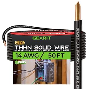 GearIT Solid THHN Wire (14 Gauge, 50 Feet) 100% OFC Electrical Building Wire, Rated for Up to 600 Volts, Single Conductor, Nylon Jacket, UL Listed/RoHs Compliant - Black, 50ft