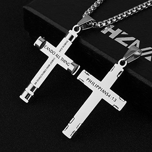 Image of HZMAN Philippians 4:13 Cross Pendant STRENGTH Bible Verse Stainless Steel Necklace 3 Colors Available