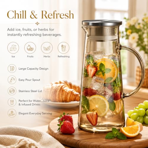 Image of Wringo Premium Glass Waters Jugs - 1.2 LTR, (Set of 1) Transparent, Hot Cold Water Glass Pitcher with Steel Lid Water Jug, Iced Tea, Milk and Juice Beverage Carafe, Lemon Jug 1200ML (WQ-02)
