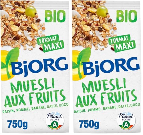 BJORG - Muesli Bio Aux Fruits - Raisin, Pomme, Banane, Datte, Coco - Aux Céréales Complètes - Sachet 750 g (Lot de 2)