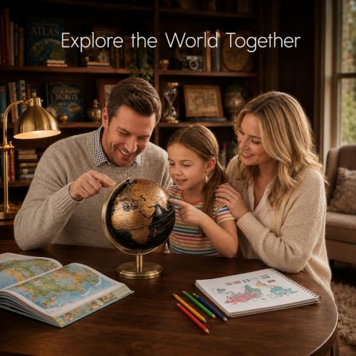 Image of Housoutil 6 Inch Small World Globe, Black Gold Desktop Globe with Antique Bronze Stand, Vintage Metal Geography Map, Elegant Home Office Room Decor, Smooth Rotating Desktop for Home Office Classroom