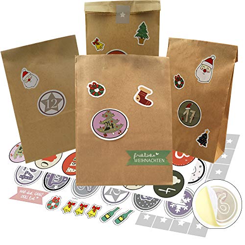 ARTESTAR Calendario de adviento Bolsas Papel Kraft, DIY Pegatinas Regalo Navidad Bolsa chuches Pinzas Madera pequeñas 24 saquitos de Tela calendarios adviento (Marrón)