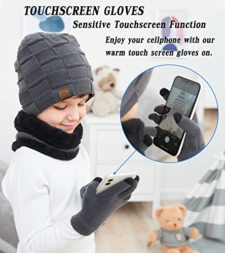 Kmoly Kids Winter Beanie Hat Scarf Touchscreen Gloves Set For Boys Girls 4-15 Years Warm Skull Cap Fleece Lined Knitted Hat (Grey) #TOP3