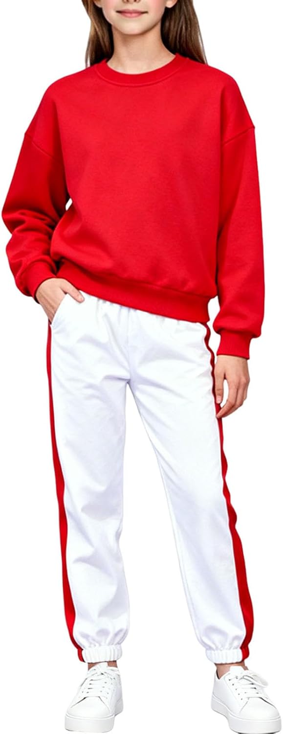 Boys Girls Loose Crewneck Sweatshirt with Color Block Joggers Pants Kids 2 Piece Sweatsuit with Pockets for 3-14 Years