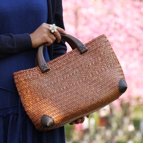 Bolso de paja para mujer con asa redonda de madera miniatura 2