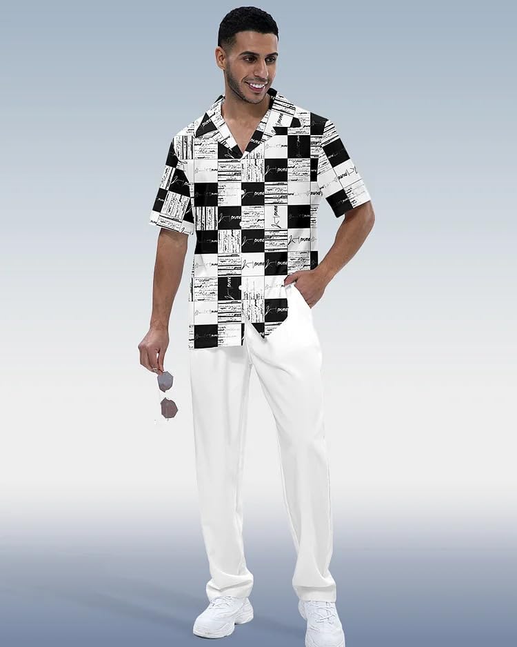 Men's printed short sleeved shirt long pants two-piece set button lining top loose pants summer beach vacation set3