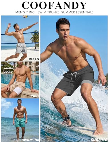 COOFANDY Mens Swim Trunks 7 Inch Board Shorts Swimwear Summer Beach 5 Inch Quick Dry Lined Bathing Suits Dark Grey Gray - image 2