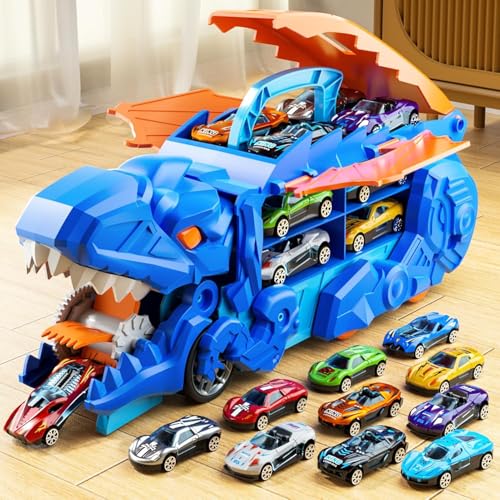 Image of Dinosaur Planet Transporter Truck Toy with Track | Push & Go Dinosaur Car Carrier with 2 Die-Cast Cars | Convertible Race Track Playset | Toy Gift for Boys & Girls Ages 3-6 Year