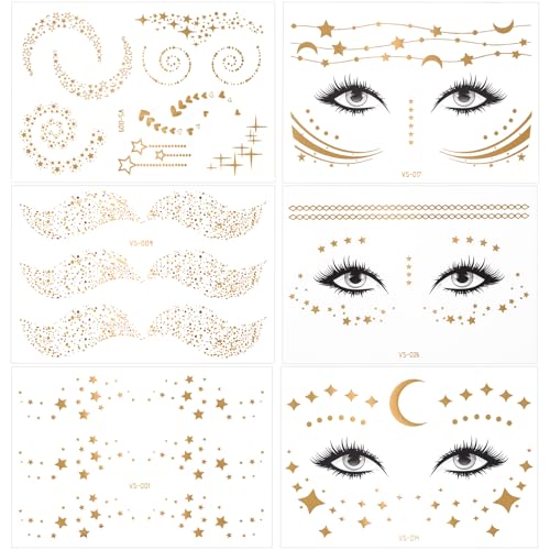Alaoo Temporäre Tattoos, 6Blatt Flash Tattoos, Festival Gold Gesicht Tattoo, Klebetattoos Erwachsene, Temporäre Tätowierung Wasserdichte, Gesichtstattoos Karneval für fasching und Party Accessoire