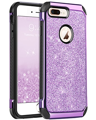 iPhone 8 Plus Case, iPhone 8 Plus Case for Girls, BENTOBEN Luxury Bling Glitter 2 in 1 Slim Hard PC Coat Sparkly Shiny Faux Leather Hybrid TPU Bumper Shockproof Protective Phone Cases Cover Purple