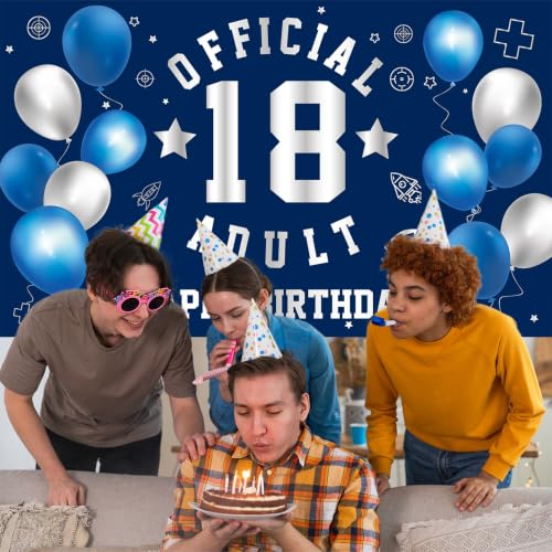 Image of Happy 18th Birthday Banner Backdrop 18th Birthday Decorations for Boy | Large Official Adult 18 Year Old Backdrop 18th HBD Party Decorations Supplies, Navy Blue Silver