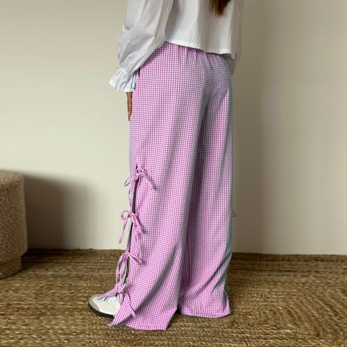 Image of Y2K Gingham Pants for Women Bow Tie Side Slit Wide Leg Lounge Bottom Plaid Checkered Loose Fit Going Out Pants