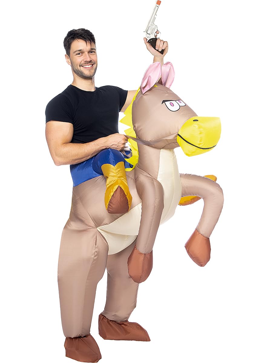 Funidelia | Disfraz a hombros de vaquero con caballo hinchable para hombre y mujer Vaqueros, Indios, Western - Disfraz para adultos accesorios para Carnaval y Halloween - Talla única - Marrón