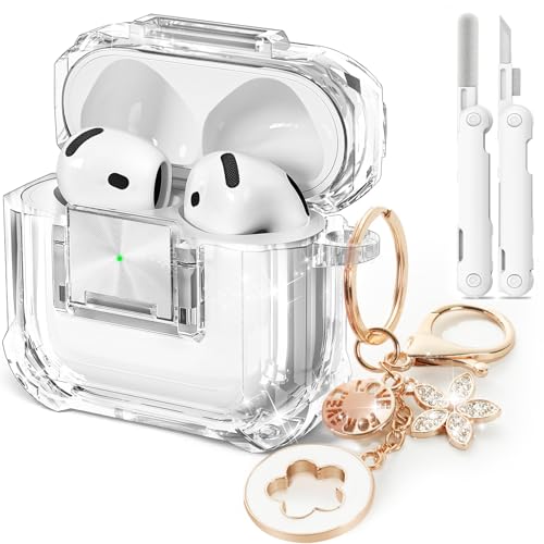 Image of for Airpods 4 Case with Safety Lock,Clear Case Soft TPU Shock-Proof Protective Cover with Cute Bling Keychain and Cleaner kit for Women Girls-Clear White