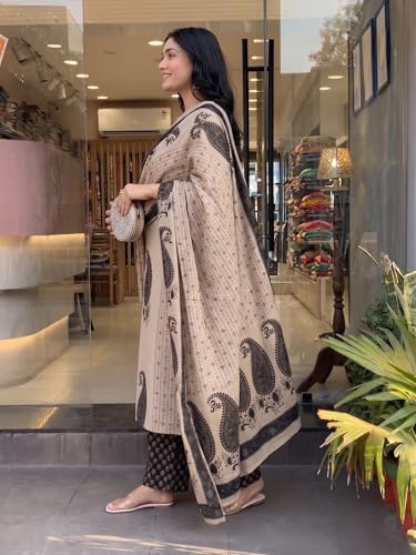 Image of Nermosa Women's Pure Viscose Block Printed Ethnic Wear Straight Kurta Set with Palazzo Pants & Dupatta | Kurta Set for Women | 3 Piece Set