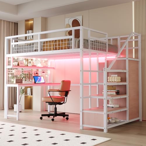 DUlVBPE Cama alta de metal 140 x 200 cm con escalera de almacenamiento y armario sencillo, con estante, mesa y estante de red, con barra de luz, enchufe blanco