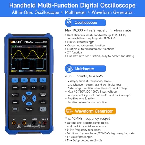 OWON HDS25S 3 in1 Hand Digitaloszilloskop, 25 MHz Bandbreite, 2 Kanal Digitaloszilloskop mit 1 Kanal Wellenformgenerator, 20000 Zähl Multimeter, mit USB Typ C und 3,5 Zoll LCD Display