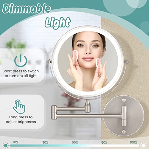 8" Wall Mounted Makeup Mirror,1X/10X Magnification Double-Sided 360° Swivel Vanity Mirror 3 Color Lights Touch Screen Dimming Extendable Shaving Bathroom Wall Cosmetic Mirror For Men And Women-Nickel #TOP2