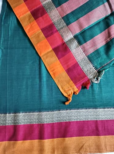 Image of Narayanpet Cotton Saree for Women | Green Plain Body with Contrast Red & Mustard Pallu | Traditional Border South Indian Handloom | Festive & Office Wear | Premium Ethnic Drape