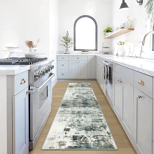 2'6''x8' Runner Rugs Washable Rug: Modern Abstract Hallway Runner Rug Indoor Soft Low Pile Thin Carpet Anti-Skid Non-Shedding Carpets for Kitchen, Entryway, Laundry, Bedroom - Green Multi