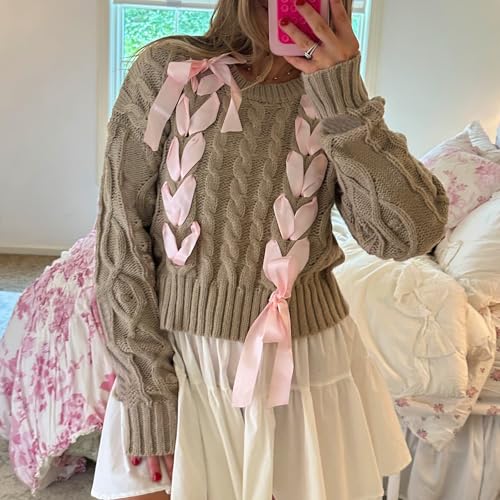 Image of Women Ribbon Sweater Cute Bow Tie Long Sleeve Knit Pullover Winter Casual Crew Neck Cable Knitted Top Streetwear