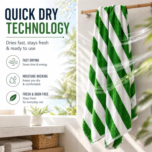Image of TowelWala Extra Large Cotton Pool & Bath Towel | 180x90 cm | 450 GSM Cotton | Quick Drying & Highly Absorbent | Striped Design for Adults | TW PT GRN Pack 2