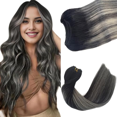 Ubetta Ombre Black Balayage Silver Grey Highlights Sew in Hair Extensions