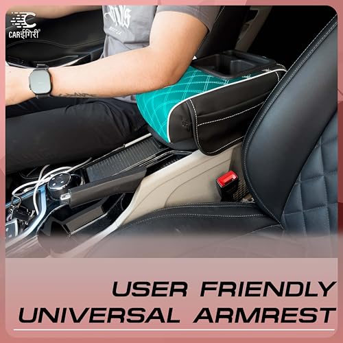 Image of Carigiri Nappa Leatherette,Foam ComfiRest Pro Car Armrest Cushion with Cup Holder| Arm Cushion| Universal for All Cars| Armrest with Mobile Holder (White,Utility Pockets,Dual Cup Holder,Mobile Holder)