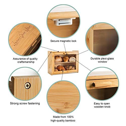 Laura's Green Kitchen Large Bread Box - Bamboo Wood Bread Box With Clear Front Window - Farmhouse Style Bread Bin For Kitchen Counter - Double Layer Bread Storage Bin Holds 2 Loaves - Fully Assembled #TOP3