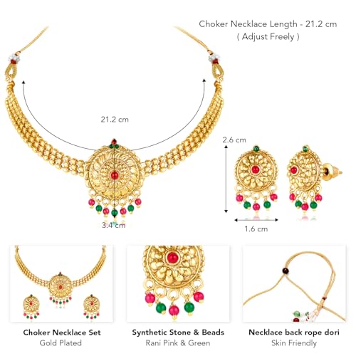 Image of Peora Gold Plated Rani Pink & Green Synthetic Stone Studded Choker Necklace & Dangle Earrings Traditional Jewellery Set for Women & Girls