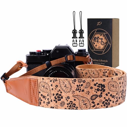 Image of Padwa Lifestyle Cork Camera Strap - 2 inch Top Layer Cowhide Head Camera Straps for Photographers,Natural Log Crackle Art Print Style,Soft Chamois Velvet Padded Strap Quick Release fits All Cameras