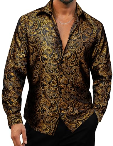 YOHOWA Men's Paisley Shirt Silk Jacquard Dress Long Sleeve Button Down Shirts Casual Mexico Western Disco Party Wedding Prom2