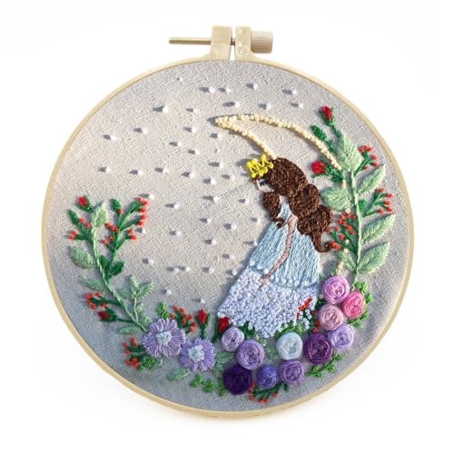 Image of Cute Embroidery Kit Beginner Cross Stitch Kit for Adults Kids - Blue Dress Girl with Moon & Flowers Starter DIY Embroidery Set Includes 23 Color Threads 3 Needles Hoop, Easy Instructions 5.9''x5.9''
