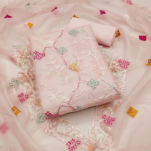 Image of Women's Organza Silk Embroidery Unstitched Salwar Suit Dress Material