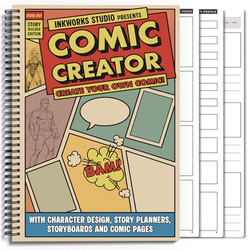 ComicCreator - Create Your Own Comic Book in a Comic Book Drawing Kit - Learn How to Draw and Structure a Cartoon/Anime inc. World Character & Story Planning w/Blank Panels. Drawing Gifts for kids