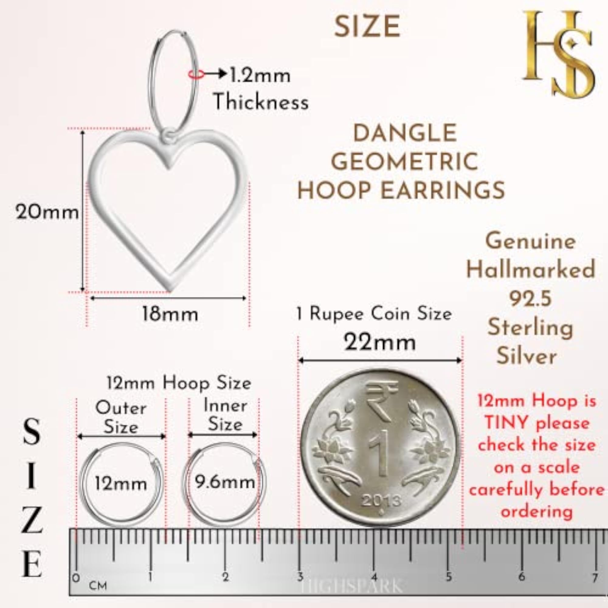 925 Sterling Dangling Hoop Earrings Heart Shape