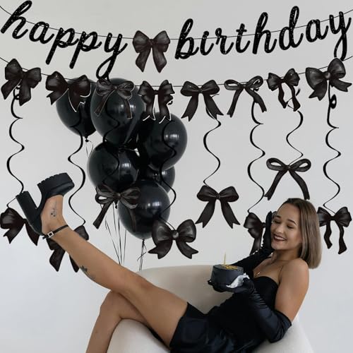 Image of Black Bow Happy Birthday Banner Garland and Hanging Swirls for Girl Black Bow Coquette Birthday Party Decorations