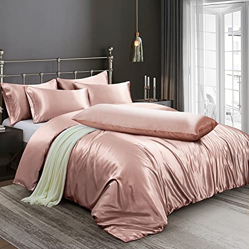 Image of Ersmak 6 Pieces Satin Duvet Cover Full /Queen Size Luxury Silky Bedding Duvet Cover Set with 1 Soft Duvet Cover, 4 Queen Pillowcases and 1 Body Pillowcase, Champagne