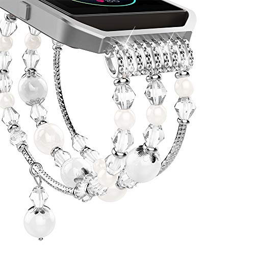 Simpeak Fashion Elastic Band Compatible With Fitbit Blaze Smartwatch Fitness, Small(6.3") Handmade Beaded Jewelry Bracelet Band Strap Replacement For Fit Bit Blaze Women, White #TOP5
