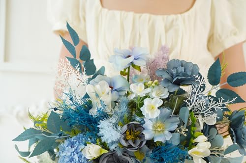 Ramo rústico boho blanco y azul para boda miniatura 6