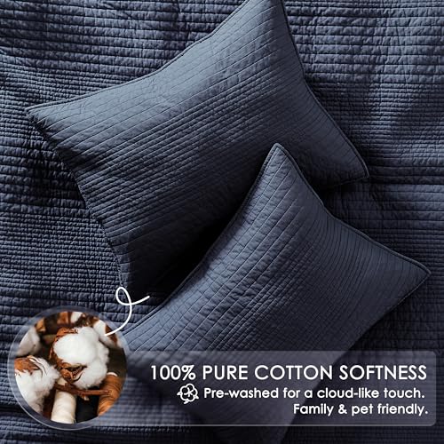 Image of palassio Striped Navy Blue 100% Cotton Quilt Queen Size Bedding Sets, Lightweight Crinkly Channel Pick Stitch Textured Bedspread Soft Shabby Chic Farmhouse Country Coverlet for All Season, 2 Shams