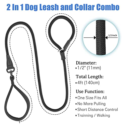 Strong Swivel Slip Lead Dog Leash (4Ft) - Durable Nylon Dog Training Leash Rope Leash [360° Anti-Tangle] With Rubber Stopper & Padded Handle - No Pull Walking For Small Medium Large Dogs 4Ft Black #TOP4