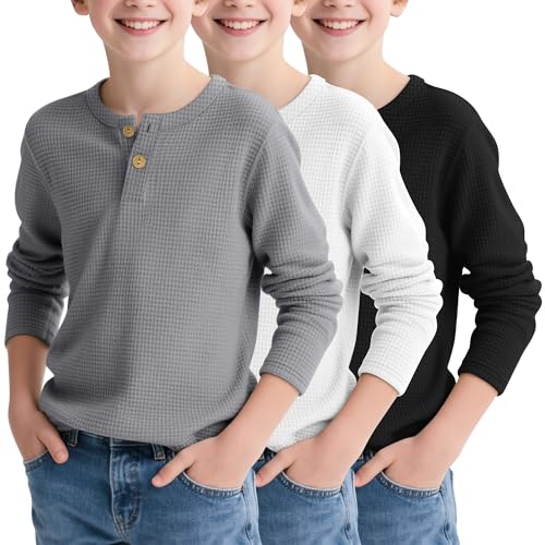 3 Pack Boy's Henley Long Sleeve Shirts Toddler Thermal Tops Waffle Henley Knit Sweatshirt for School Daily Wear