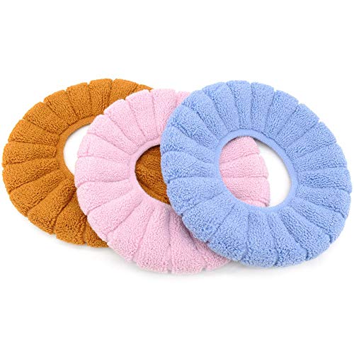 Guojanfon Bathroom Soft Thicker Warmer Stretchable Washable Cloth Toilet Seat Cover Pads, 3Pcs (Blue, Pink, Grey) #TOP2