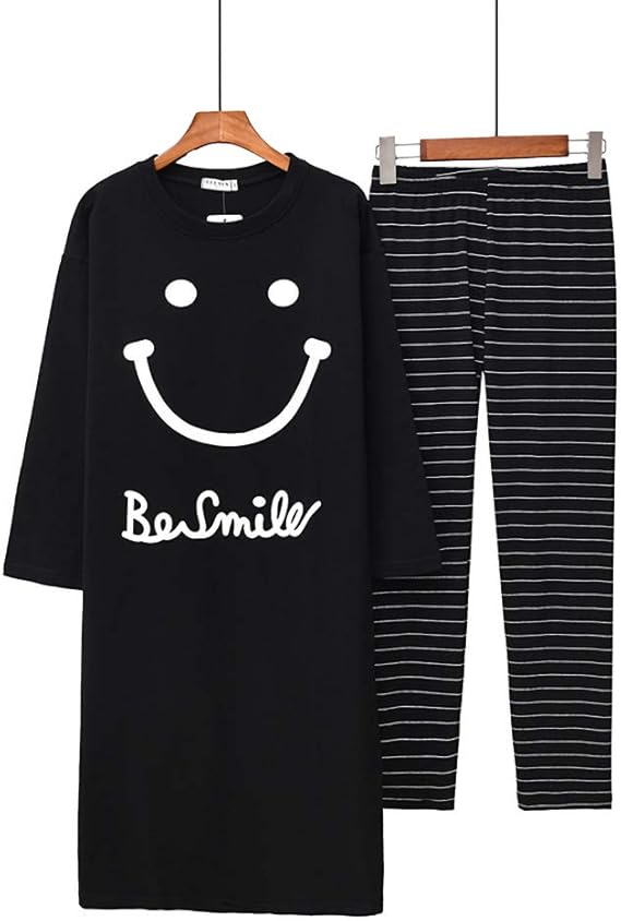 Amazon Diki Home ネグリジェ パジャマ 2点セット 100 綿 可愛い スマイリーフェイス ルーズ 快適な 春 秋 冬 韓国風 姫系 暖か 長いセクション 部屋着 寝間着 柔らか 長袖 ロングスカート セクシー パジャマ ルームウェア 通販