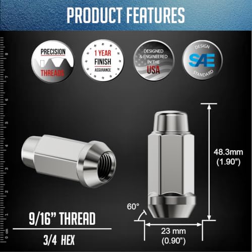 Image of Wheel Accessories Parts 32 Pcs 9 /16 inch-18 Thread Bulge Acorn 1.90 inch Long Lug Nuts Chrome 3 /4 inch 19mm Hex Fits Chevrolet GMC C20 K20 K30 K35 C2500 C3500 Ford F250 F350 Ram 2500 3500